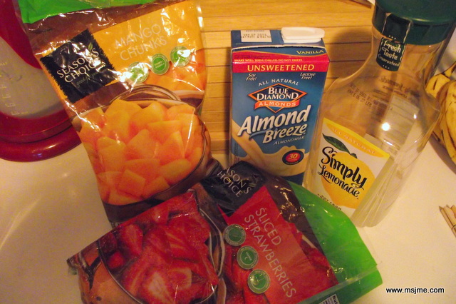 Ingredients: 6 oz Almond Milk 10 oz Lemonade 1 1/2 cup Frozen Strawberries 1/4 cup Frozen Mango (optional)