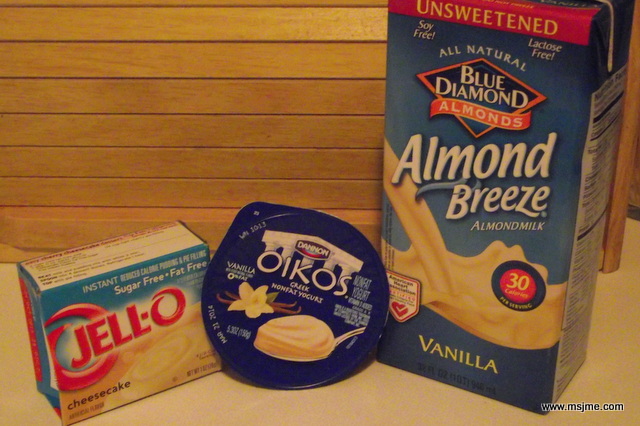Ingredients: 1 cup Vanilla Greek Yogurt  2 tbs (1/2 package) Sugar Free Jello Pudding Mix Cheesecake Flavor 1/4 cup Vanilla Almond Milk