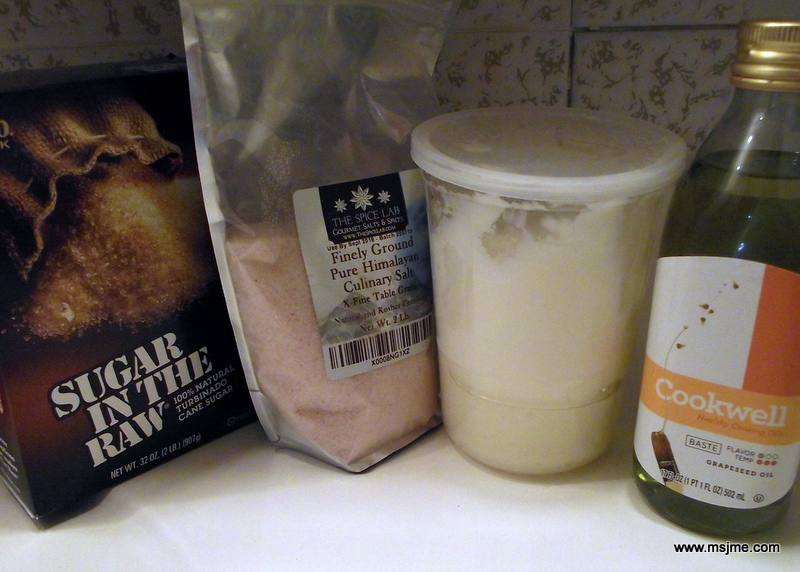 Sugar Scrubs are great for cleaning and moisturizing skin-especially hands and feet. I have been adding Himalayan Salt, as it is known to be good for removing negative energy as well. (a bit hippy-ish, I know). MsJme Recipe: 1/2 cup Coconut Oil 1/2 cup Raw (Turbanado) Sugar 1 tbs Grapeseed Oil (or other carrier oil) 2 tbs Himalayan Salt Lavender Scented: 10-15 drops Lavender Oil Orange Scented: 10-15 Drops Orange Essential Oil Musky/Manly Scent: 3 Drops of Tea Tree Oil, 5 Drops Patchouli OIl, 2 Drops Geranium, 2 Drops Lavender Oils