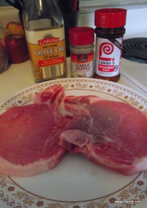 Ingredients:  Fresh Pork Chops Olive Oil Garlic Pepper Seasoning Lawry's Seasoned Salt