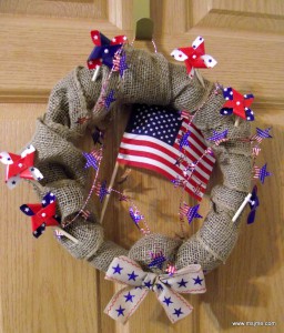 MsJme designed this wreath for a gift for family.  Burlap adds extra texture and the pinwheels still move in a breeze! 