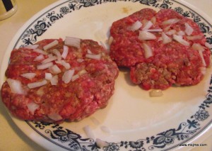 Flatten the patty out to 3/4 inch thickness.  The cooking process always makes the meat shrink and get bulky in the middle.  Typically I make sure my patty is a bit wider than the bun, that way I know it will shrink up and fit perfect. 