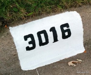 I used the same paints to do my street curb.  If you do this project, make sure that rain is not in the forecast for 3 days.  I used stencils for the numbers.  I made my white block a little too big...because I had to cover up my "oops" from dripping.  