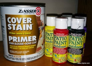 I used this "Primer" for the base coat.  It specifically says that it can be used on concrete and masonry and is interior/exterior.  These are the key words to look for in a paint.   I used a bristle brush and put it in a ziplock bag to keep it for future uses.  This is a tip that I learned when working with oil based paints. (purchased this quart at Menards).  The "Patio Paints" are a purchase I got on Amazon.  The bottles are small, but they will cover a lot!  These paints are soap/water washable, and I used my regular art paint brushes for them. 