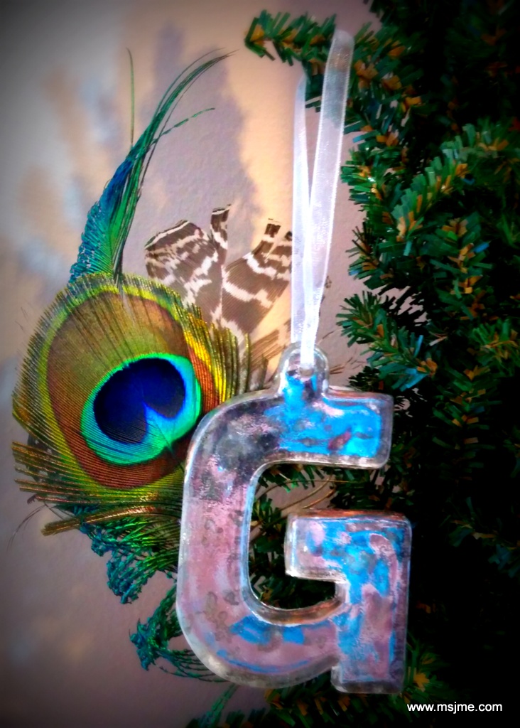 It seems like I create a new Peacock Feather ornament every year.  I found the "G" at Michaels and glued felt onto the back of it.  Feathers were then glued and another piece of felt was glued on top.  This one is for my tree. I used all natural feathers! Each one came from my mom's Peacock.  