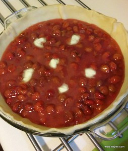 Once the filling is cooled down enough (little warmer than room temp is okay), pour it into the pie shell.  Add tabs of the butter on top. 