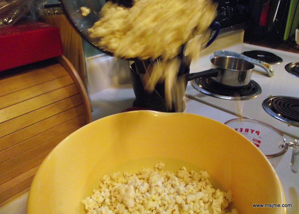 Pour the popped corn into a large bowl and share! Sometimes I add a dash of popcorn salt or a dash of Parmesan Cheese. But this popcorn is really good just plain. 