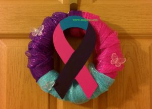 I'm a Thyroid Cancer Survivor and this year is my 10th year Cancer Free! To celebrate, I made this wreath.  The  cancer ribbon was purchased at Michaels and I painted it the ThyCa colors.  The fake colored burlap ribbon was found at Dollar Tree, along with the butterflies and Styrofoam wreath.   September is Thyroid Cancer Awareness Month and I encourage everyone to Check Your Neck.  www.thyca.org has information on neck checks and provides materials and support for Thyroid Cancer Survivors.  
